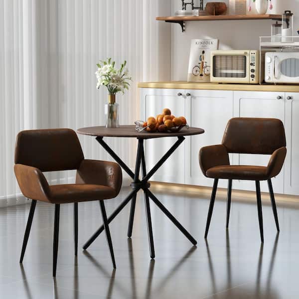 MAFONTANA Modern 3-Piece Mocha Walnut Wood Top Round Bistro Table Set with 2 Brown Armchairs (Seats 2)