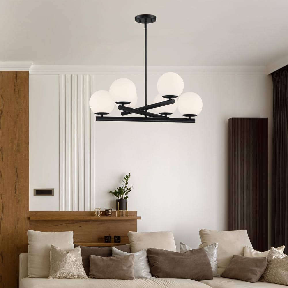 Matte Black 6-Light Chandelier with Opal Glass Shades