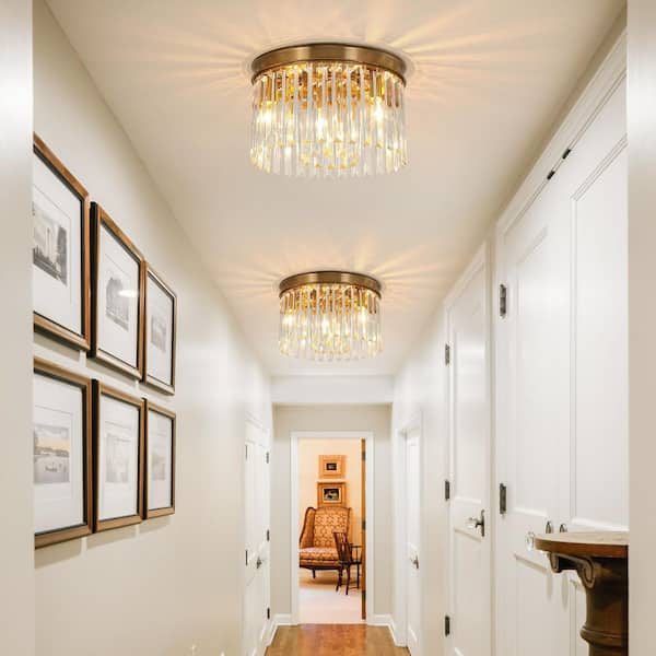 12 in. 3-Light Modern Gold Round Flush Mount Ceiling Light with 2 Tiers Clear Crystal Shades