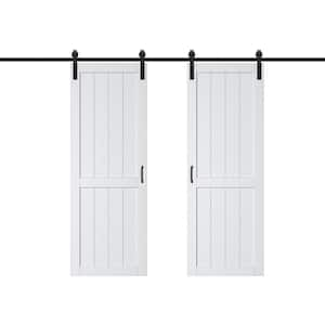 60 in. x 84 in.（Two 30 in. Slabs）Paneled H Shape MDF White Primed Sliding Barn Door Slab with Hardware Kit