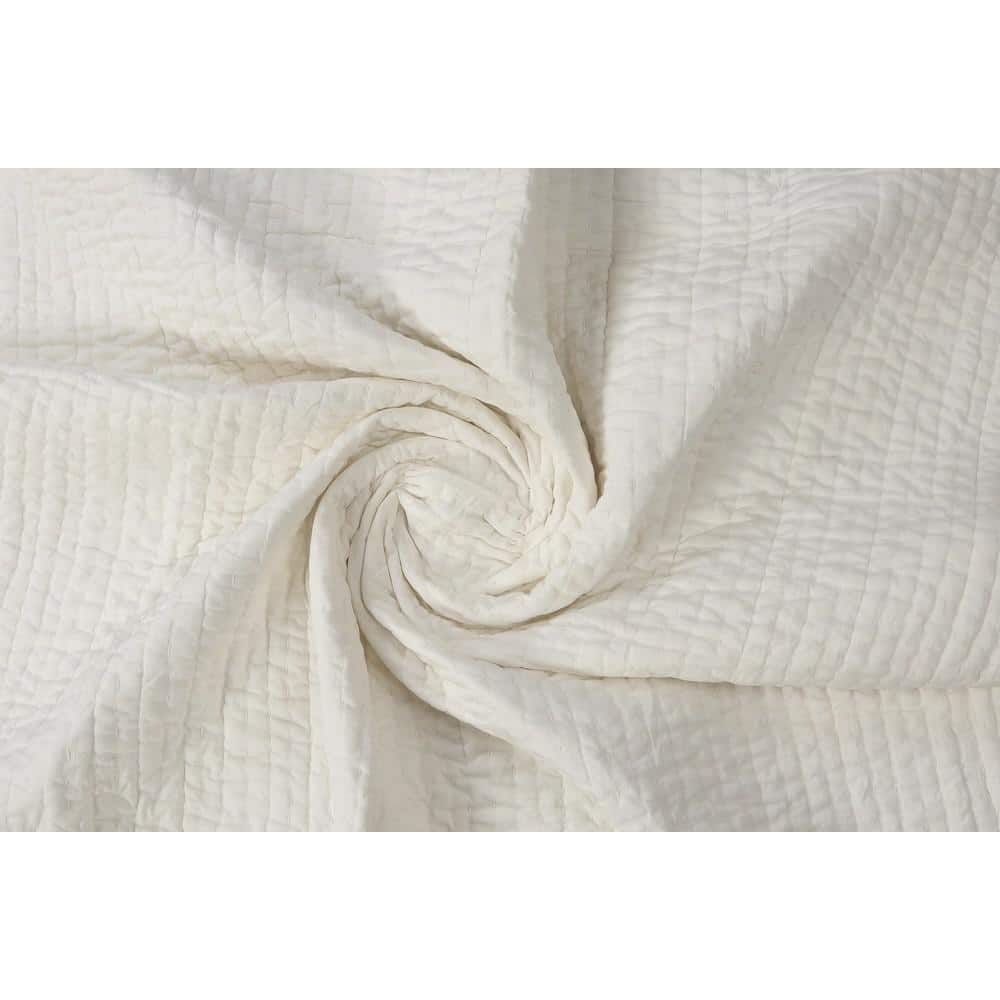 Ivory Cotton Reversible Throw Blanket with Fringe