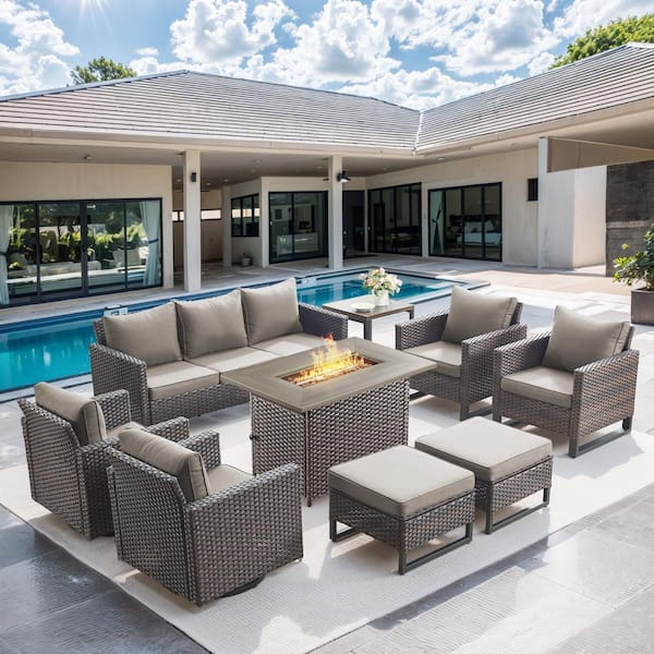 U-Weave 8-Piece Brown Wicker Outdoor Rectangular Fire Pit Conversation Set with Gray Cushions and Swivel Rocking Chairs