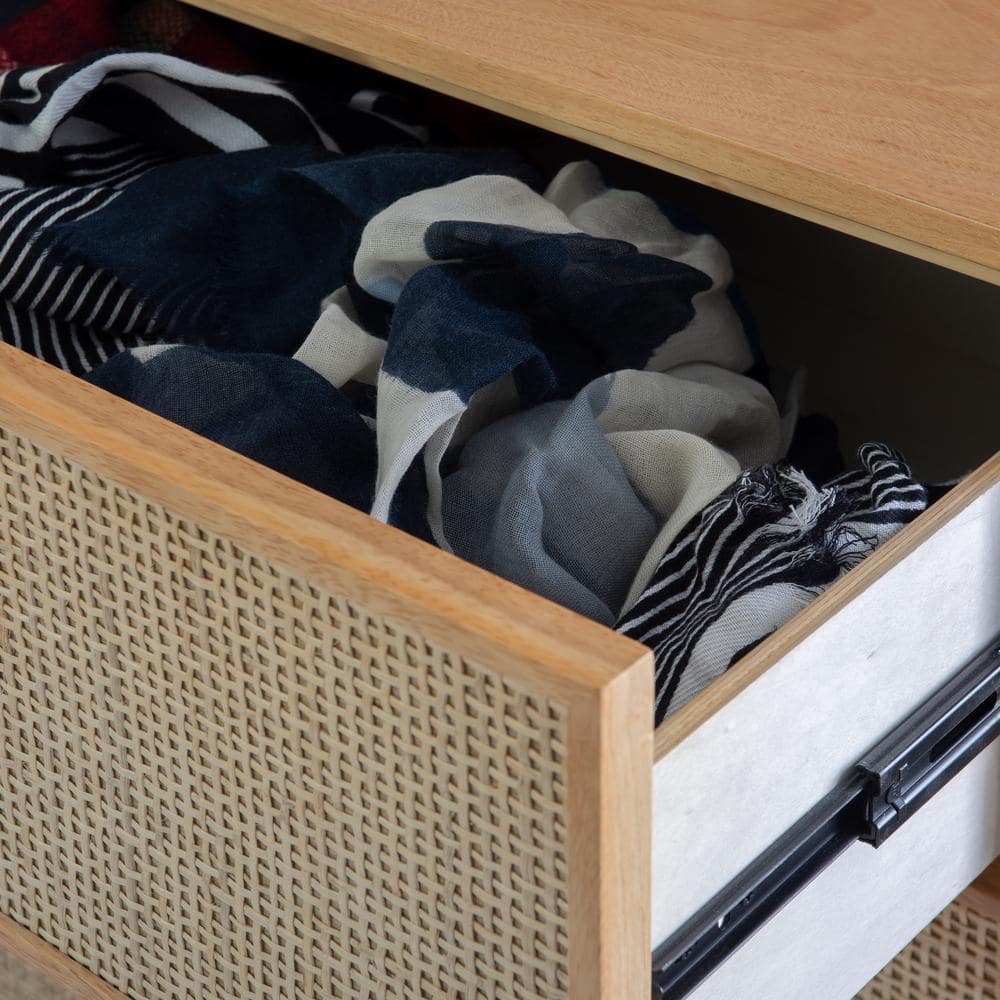 Mid-Century Natural Wood and Rattan 6-Drawer Dresser