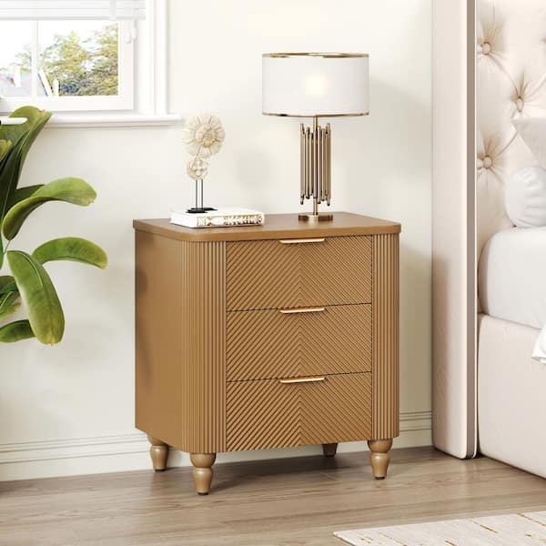 CHRISTOPHER KNIGHT HOME Attwell Modern Natural 3 Drawers Wood Nightstand with Gourd Legs, Wavy Groove Design