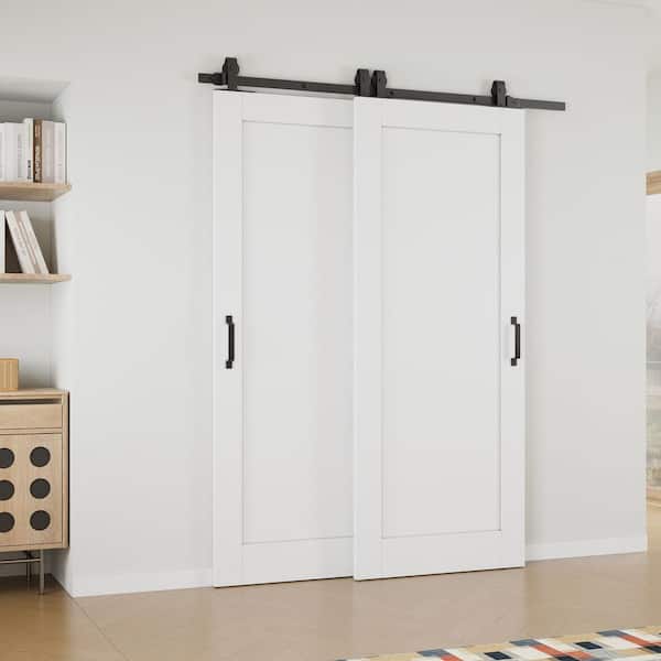 56 in. x 80 in. (Double 32 in. ) 1-Panel White Primed Solid Core MDF Interior Sliding Door with Hardware Kit Bypass