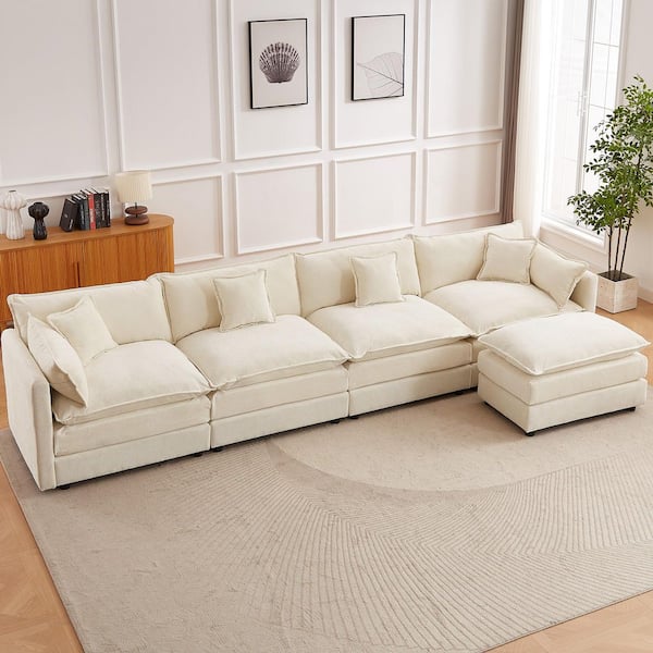147.2 in. Square Arm L-Shaped Chenille Deluxe Pillow-Styled Modular Sectional Sofa in. Beige with 1-Ottoman