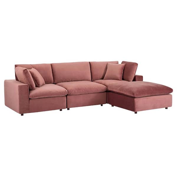 MODWAY Commix 119 in. Dusty Rose Pink Down Filled Overstuffed Performance Velvet 4-Seat Sectional Sofa