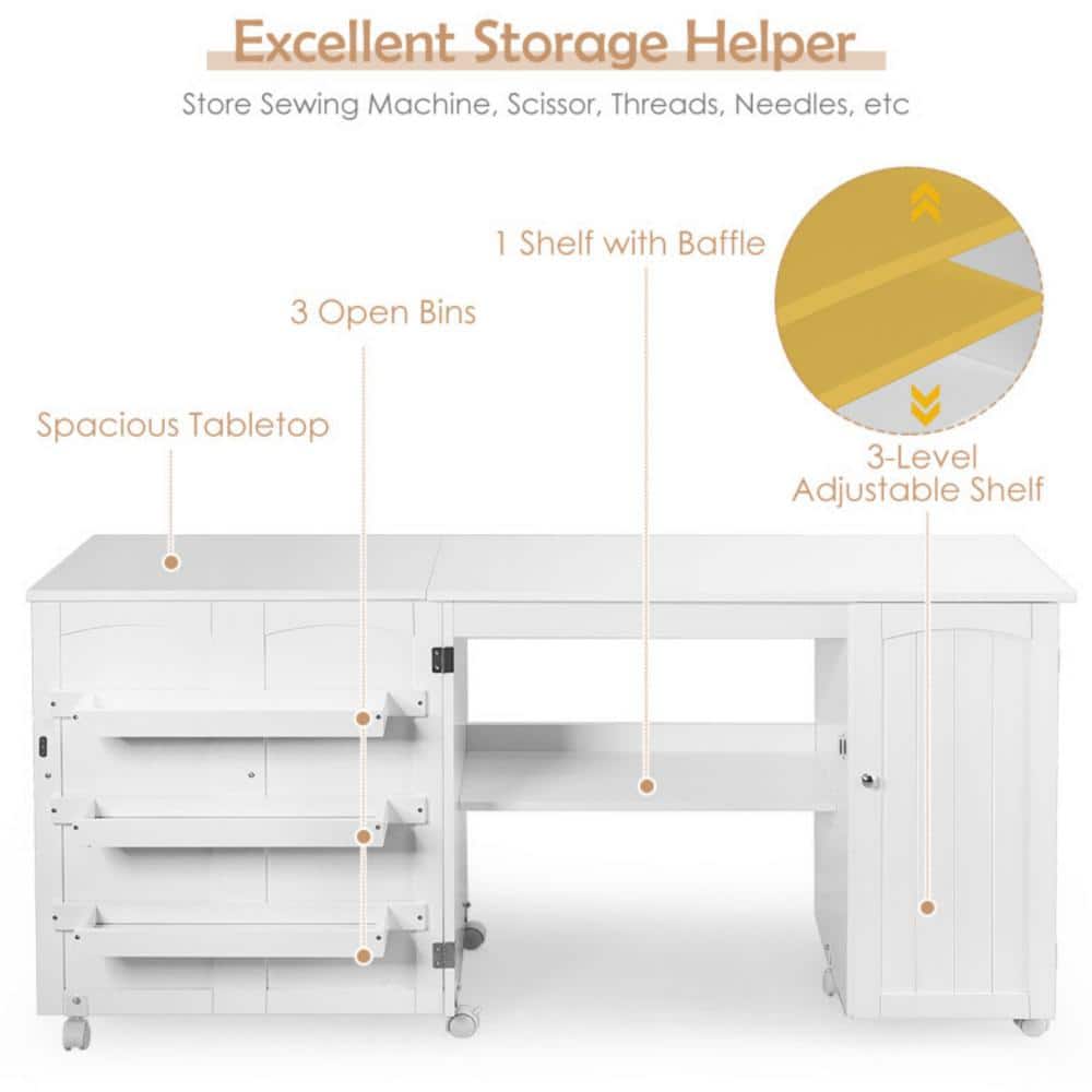 White Folding Sewing Table with Shelves and Wheels