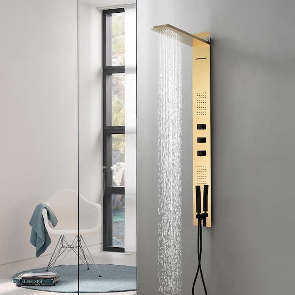 Dual 4-in-1 2-Jet Rainfall Shower Panel System with Rainfall Waterfall Shower Head and Shower Wand in Black Gold