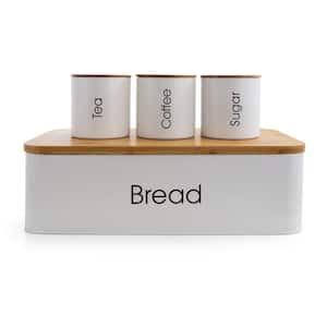 4-Piece Metal Canister Set and Bread Box with Bamboo Cutting Board Lid in White