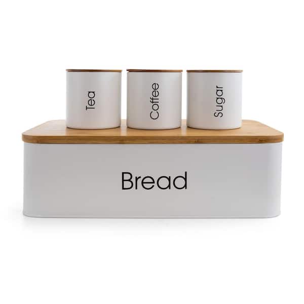 MegaChef 4-Piece Metal Canister Set and Bread Box with Bamboo Cutting Board Lid in White