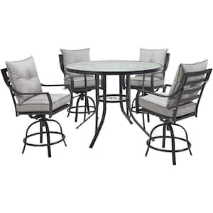 Lavallette 5-Piece Steel Round Outdoor Dining Set with Silver Linings Cushions, 4 Swivel Chairs and Glass-Top Table