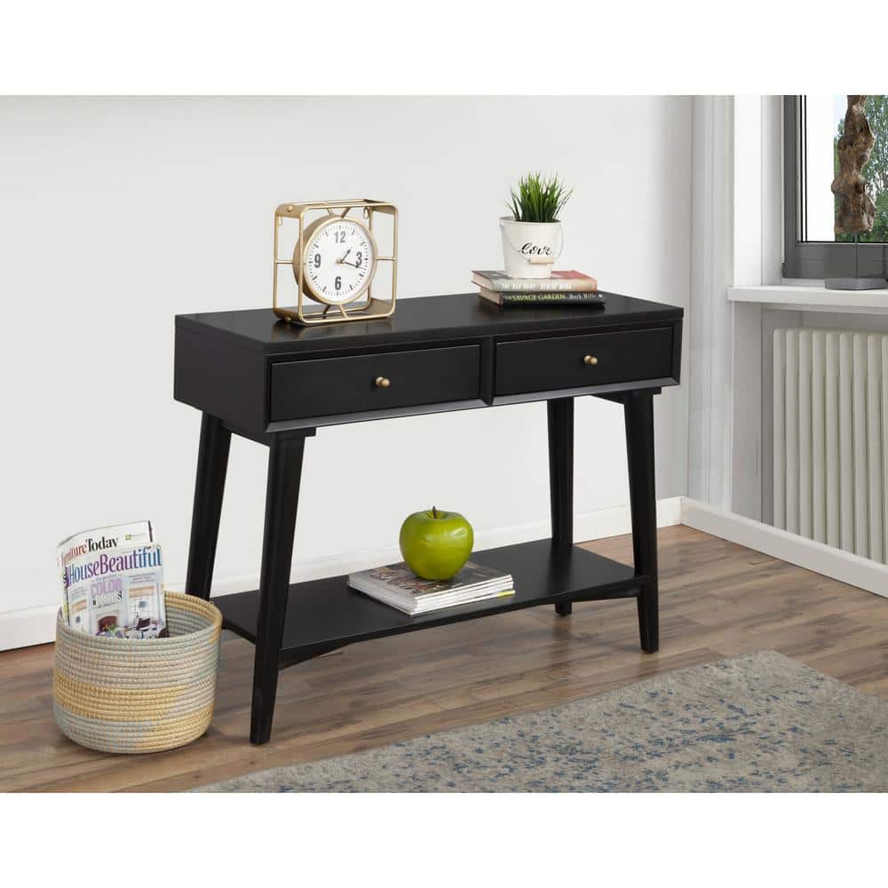 Transitional Mid-Century Black Mahogany Console Table with Storage