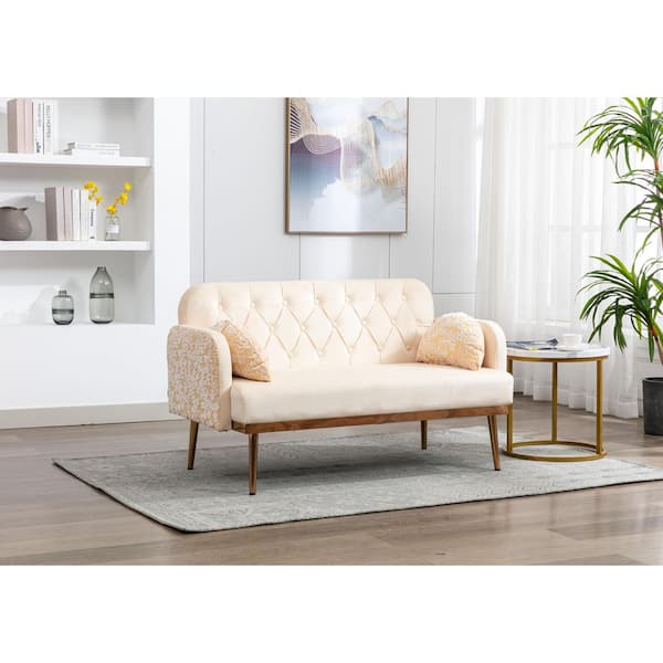 Westsky Modern 55 12 In Straight Arms Velvet Polyester Beige Sofa For Accent Loveseat Tufted Back With Metal Feet