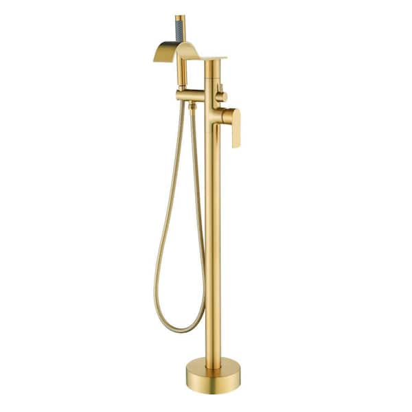 Single Handle Freestanding Floor Mount Bathtub Faucet with Hand Shower in Brushed Gold