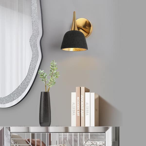 Modern Antique Black and Plated Gold Vanity Light, 1-Light Transitional Bathroom Wall Sconce with Metal Shade