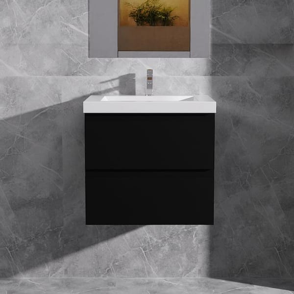 Alice 24 in. W x 20 in. D x 22 in. H Single Floating Bathroom Vanity in Black with Solid Surface Sink Top in White