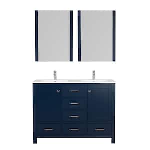 Laguna 48 in. W x 18 in. D x 36 in. H Double Sink Bath Vanity in Navy with White Ceramic Top and Mirror