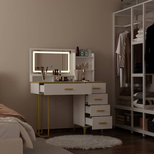 Modern Closet Room with Make-up Vanity Table, Mirror and Cosmetics