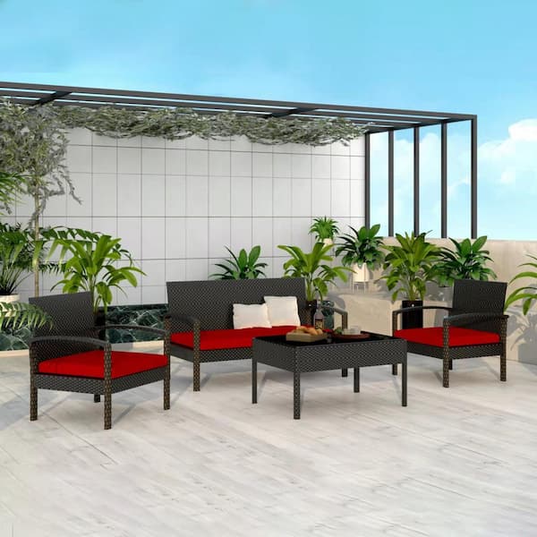 Tunearary Black 4-Piece Patio Rattan Conversation Chair Set with Red Cushion