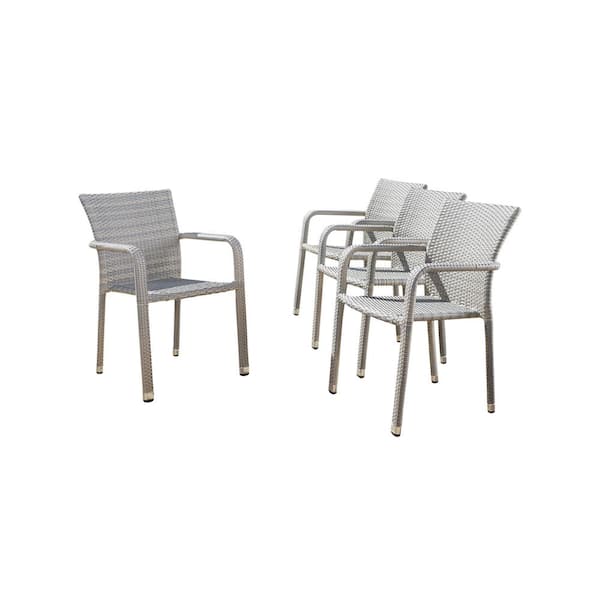 Noble House Lucian Chateau Grey Stackable Faux Rattan Outdoor Dining Chair (4-Pack)