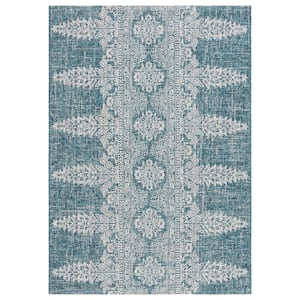 Courtyard Teal/Gray 5 ft. x 8 ft. Distressed Geometric Floral Indoor/Outdoor Area Rug