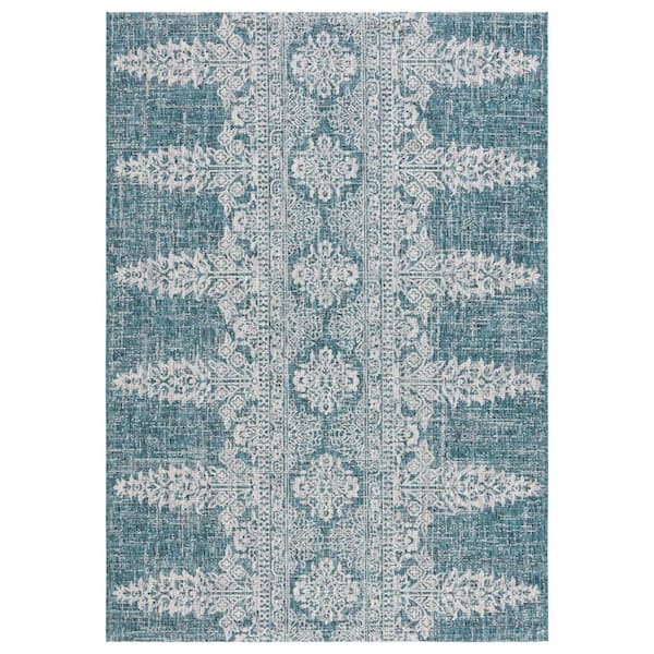 SAFAVIEH Courtyard Teal/Gray 5 ft. x 8 ft. Distressed Geometric Floral Indoor/Outdoor Area Rug