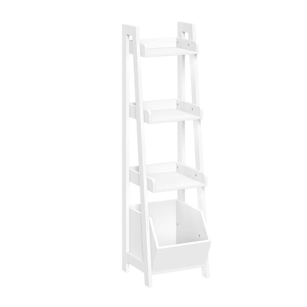 White MDF 4-Tier Kids Ladder Shelf with Storage Bin