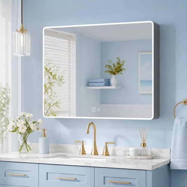 35.4 in. W x 27.6 in. H Rectangular Aluminum Medicine Cabinet with Mirror, 3-Colors LED Light and Defogging Function