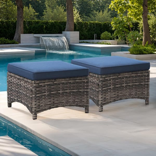 Gardenbee Wicker Outdoor Patio Ottoman with Blue Cushions (Set of 2)