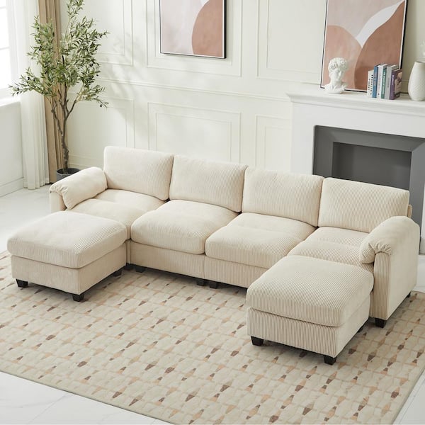 JEAREY 114.96 in Corduroy Modular U-Shaped Beige Sectional Sofa with 2-Ottomans for Living Room and Spacious Space