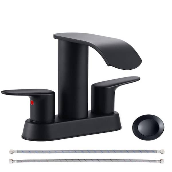 Waterfall 4 in. Centerset Double-Handle Bathroom Sink Faucet, Modern Faucet with Pop Up Drain in Matte Black