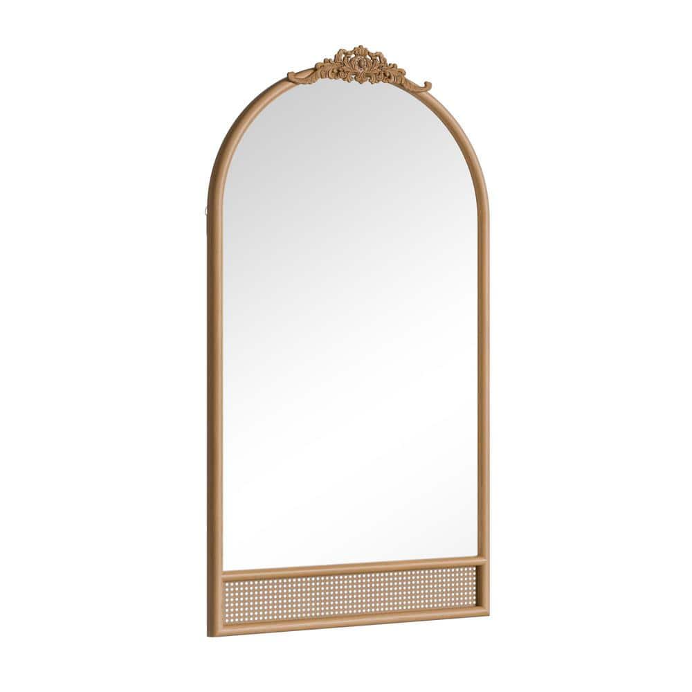 Brown 37 in. W x 71 in. H Wood Carved Rattan Right-Angled Arched Mirror Ful