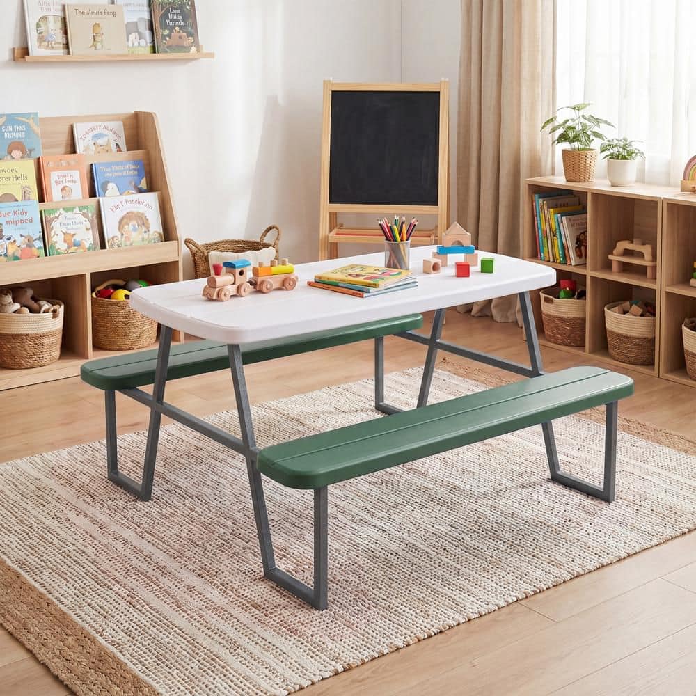40 in. Rectangle Iron Kids Picnic Table with Benches Removable Adjustable Umbrella Metal Frame for Patio Green price history on PriceWatchPro