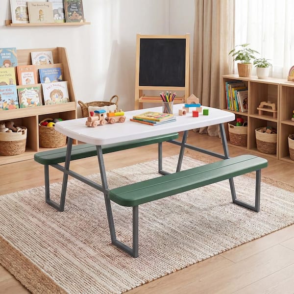 40 in. Rectangle Iron Kids Picnic Table with Benches Removable Adjustable Umbrella Metal Frame for Patio Green