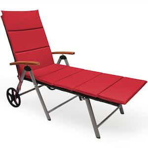 Brown Aluminum Reclining Rattan Outdoor Chaise Lounge with Wheels and Red Cushions
