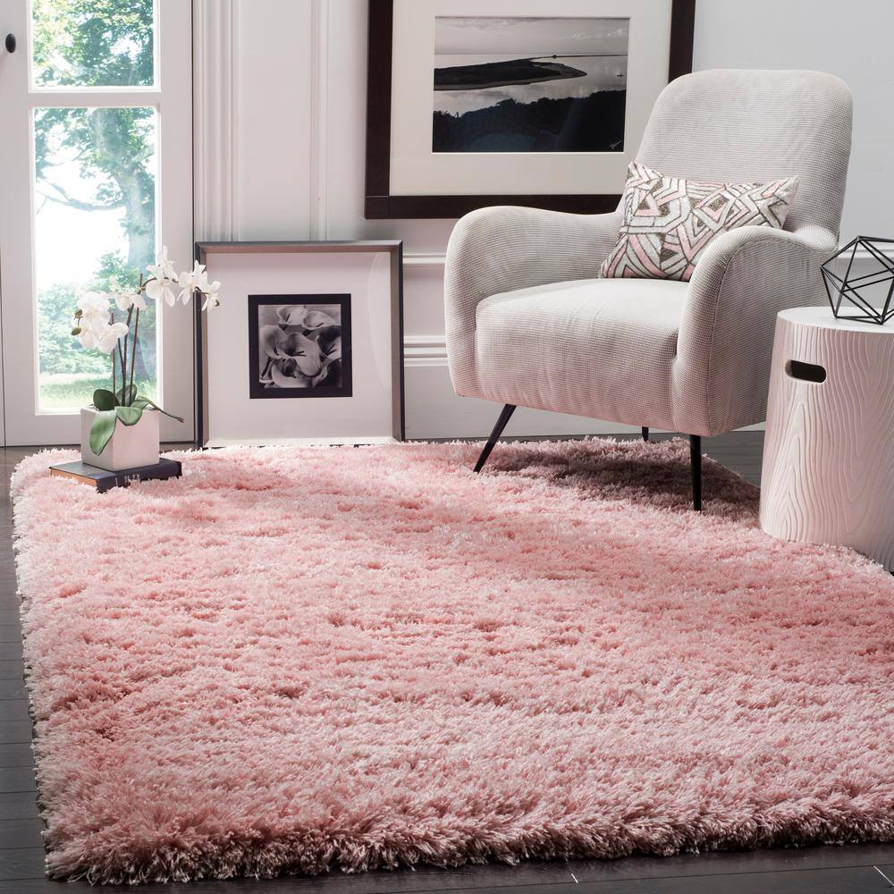 Light Pink Round Hand-Knotted Shag Area Rug