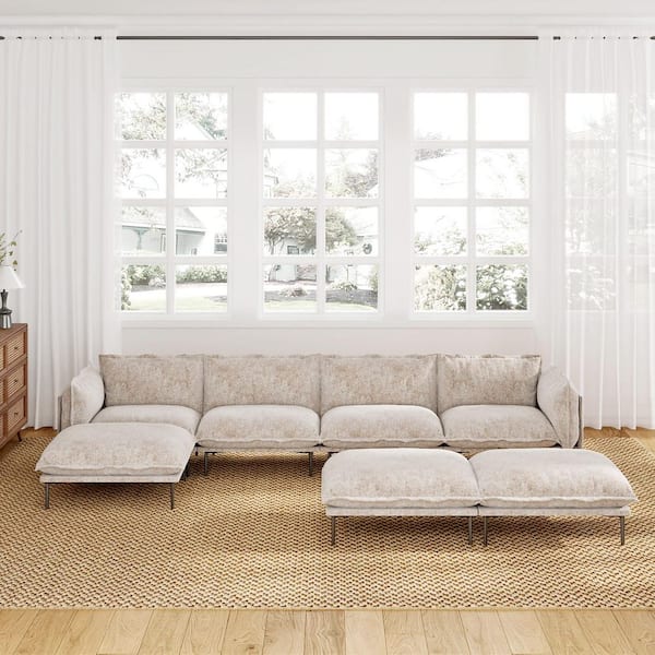 Modern 147 in. 7-Piece Tapered Arm Velvet U-Shaped Sectional Sofa, Comfort Deep Seat Cloud Couch with Ottoman in Tannish