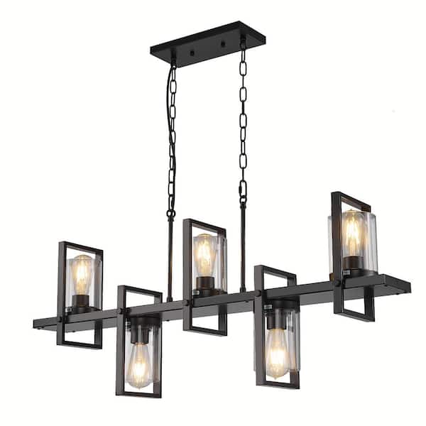 Magic Home Retro 5-Light Black Farmhouse Metal Geometric Linear Chandelier Light Fixture for Kitchen Island Dinning Room Foyer
