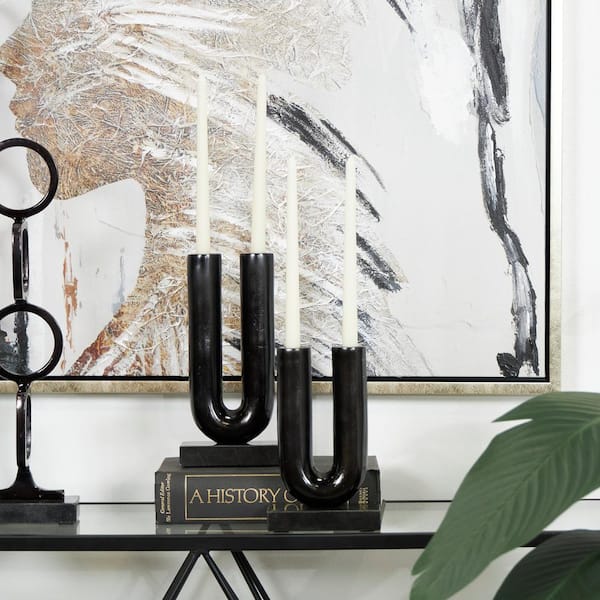 Litton Lane Black Aluminum Geometric U-Shaped Candle Holder with Marble Bases (Set of 2)