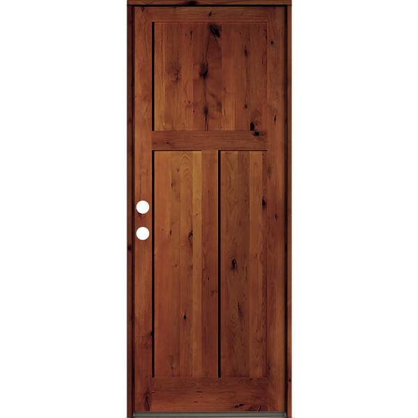 Krosswood Doors 32 in. x 96 in. Rustic Knotty Alder 3 Panel Right-Hand/Inswing Red Chestnut Wood Prehung Front Door