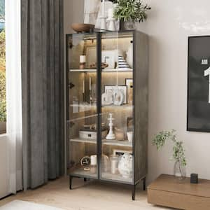 Gray 59.3 in. H Wood Accent Storage Cabinet With 2-Glass Doors, Pop-Up Design, LED Lights