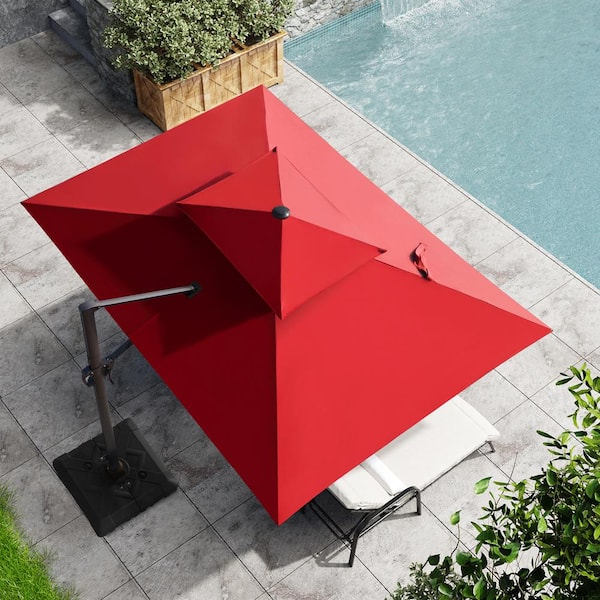Crestlive Products 11 ft. x 9 ft. Outdoor Hanging Double Top Rectangular Cantilever Patio Umbrella in Red