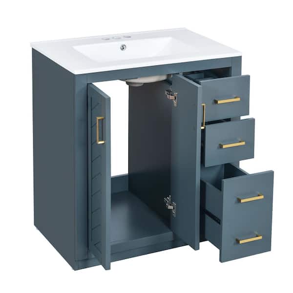30 in. W Single Sink Bath Vanity in Blue with White Ceramic Top, 3-Drawers, Soft Closing Doors