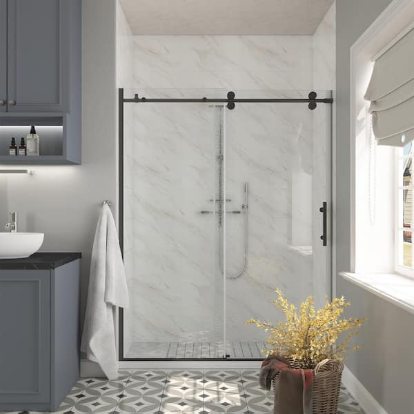 Delta Exuma 60 in. W x 76 in. H Frameless Sliding Shower Door in Matte Black with 3/8 in. (10mm) Tempered Clear Glass