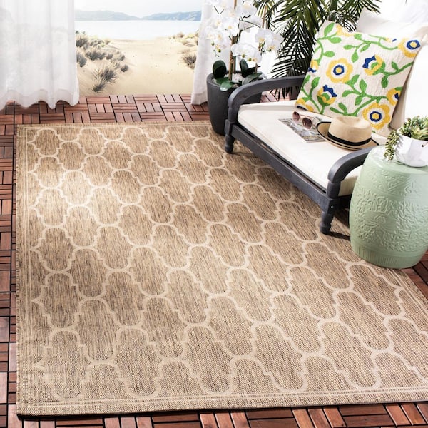 Courtyard Brown/Beige 9 ft. x 13 ft. Border Indoor/Outdoor Patio  Area Rug