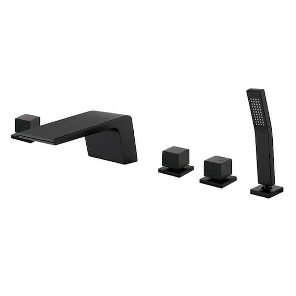 UKISHIRO 3-Handle Deck-Mount Roman Tub Faucet with Hand Shower in Matt Black