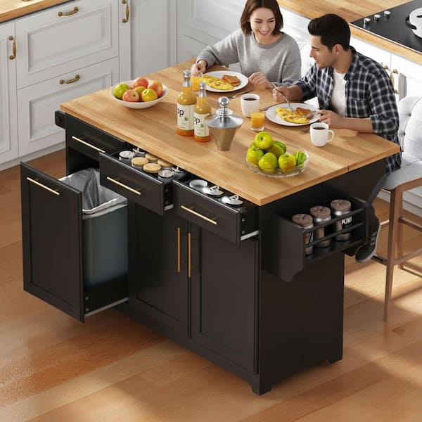 Modern Black Wood 59.3 in. Drop Leaf Power Outlet Kitchen Island with Trash Can Storage and Pull Out Cabinet Organizers