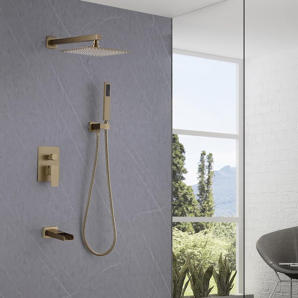 Single-Handle 3-Spray Square High Pressure Tub and Shower Faucet in Brushed Gold (Valve Included)