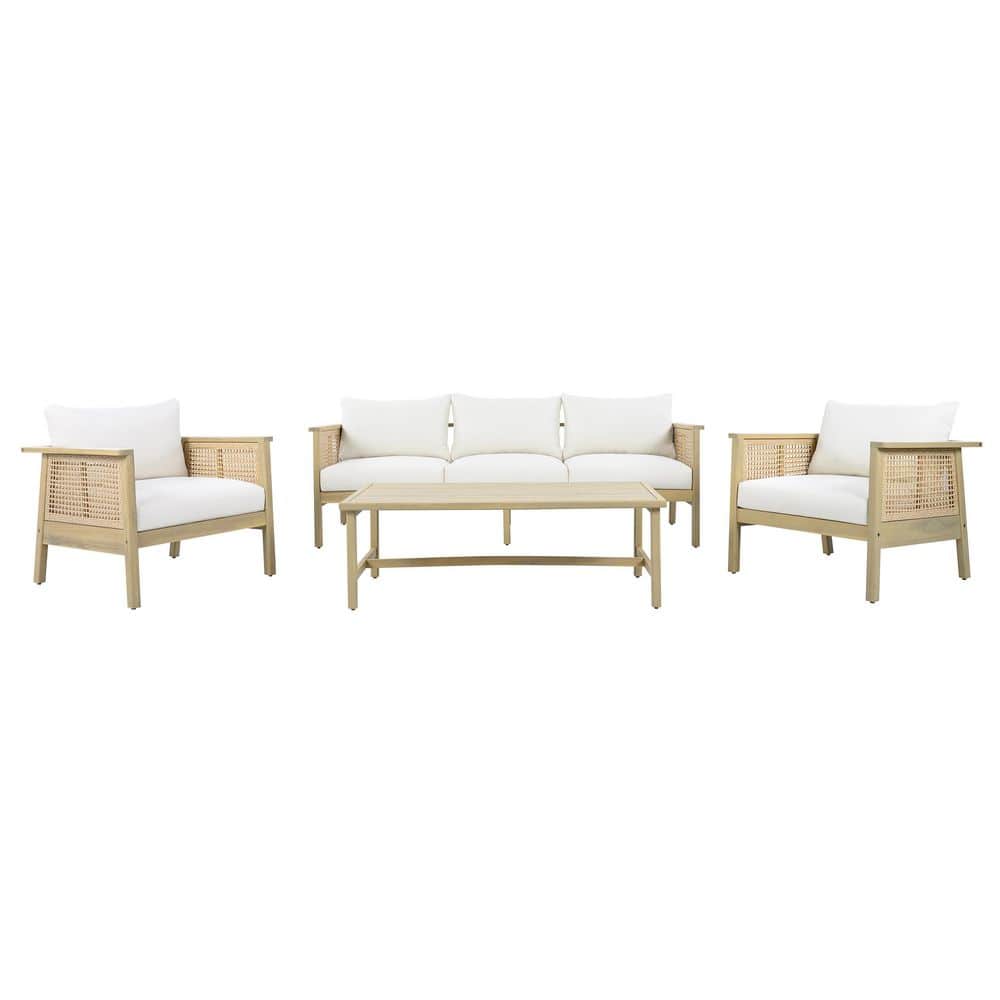 Renee 4-Piece Solid Wood and PE Wicker Outdoor Patio Conversation Set with Cream Cushions, Light Teak
